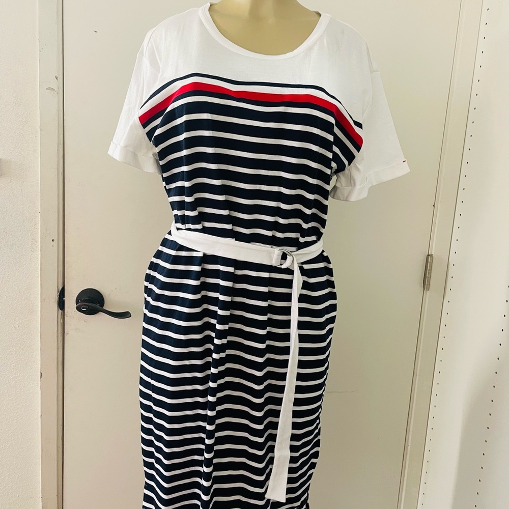 Tommy Hilfiger Navy and White Striped Midi Dress with Red Detail